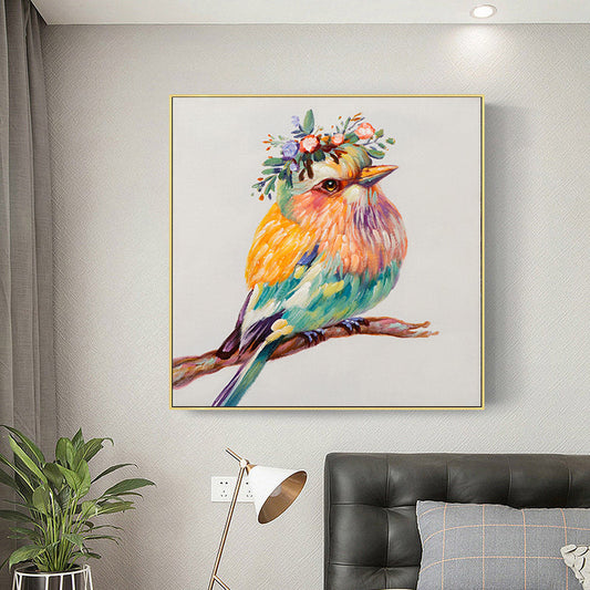 Vibrant Colorful Robin Bird Oil Painting with Floral Crown for Home Decor
