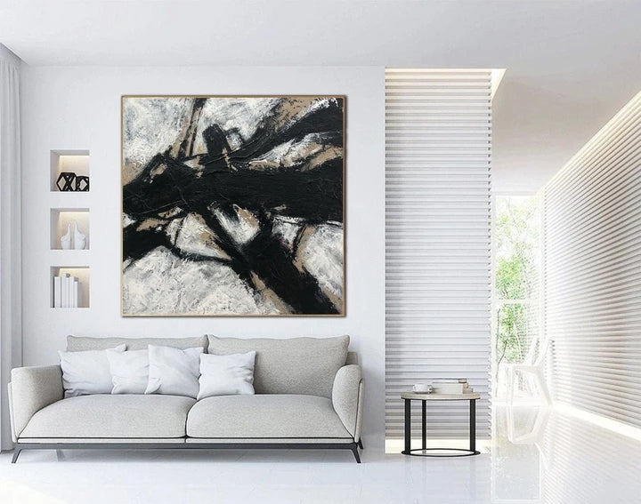 Abstract Black and White Oil Painting with Textured Finish for Modern Decor