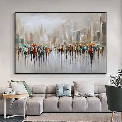 Vibrant Cityscape of Hong Kong with Umbrellas - Abstract Oil Painting