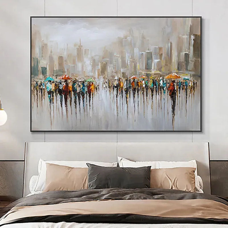 Vibrant Cityscape of Hong Kong with Umbrellas - Abstract Oil Painting