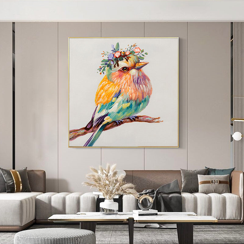 Vibrant Colorful Robin Bird Oil Painting with Floral Crown for Home Decor