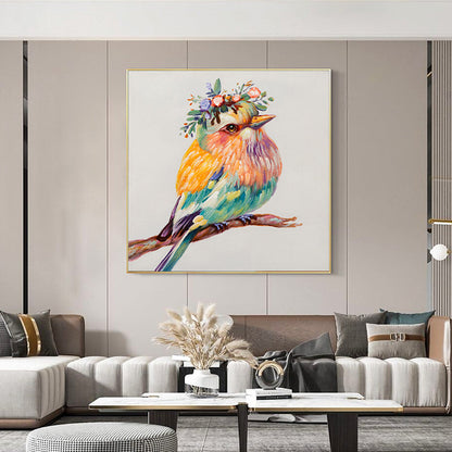 Vibrant Colorful Robin Bird Oil Painting with Floral Crown for Home Decor