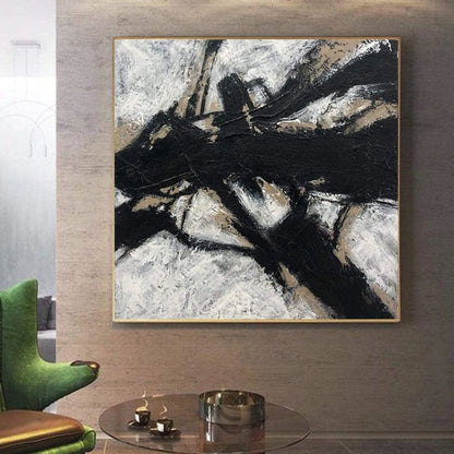 Abstract Black and White Oil Painting with Textured Finish for Modern Decor