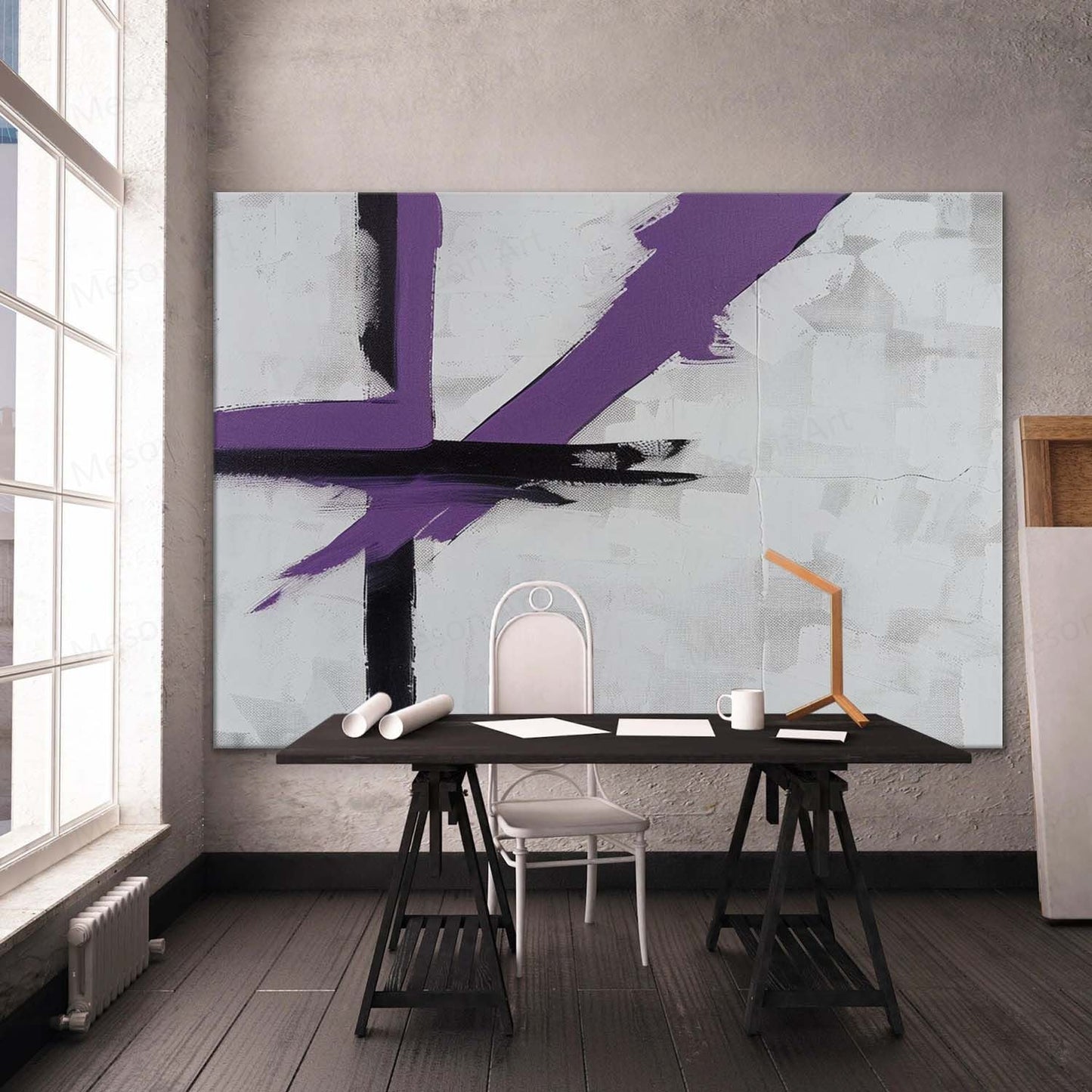 Abstract Purple and Black Minimalist Oil Painting for Modern Decor