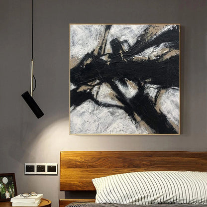 Abstract Black and White Oil Painting with Textured Finish for Modern Decor