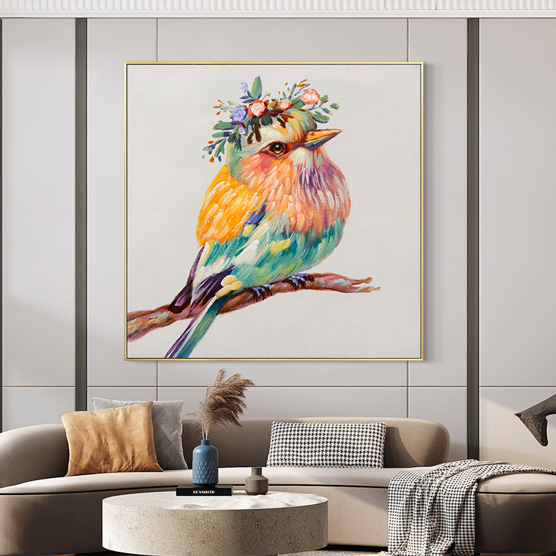 Vibrant Colorful Robin Bird Oil Painting with Floral Crown for Home Decor