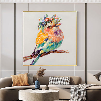 Vibrant Colorful Robin Bird Oil Painting with Floral Crown for Home Decor