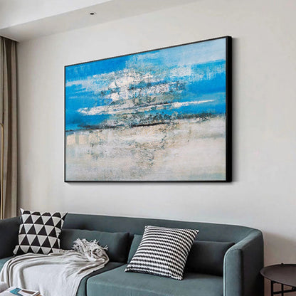 Serene Coastal Abstract Oil Painting in Blue and White for Modern Home Decor