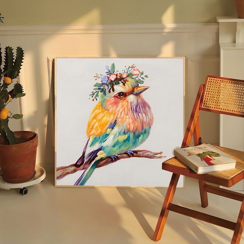 Vibrant Colorful Robin Bird Oil Painting with Floral Crown for Home Decor