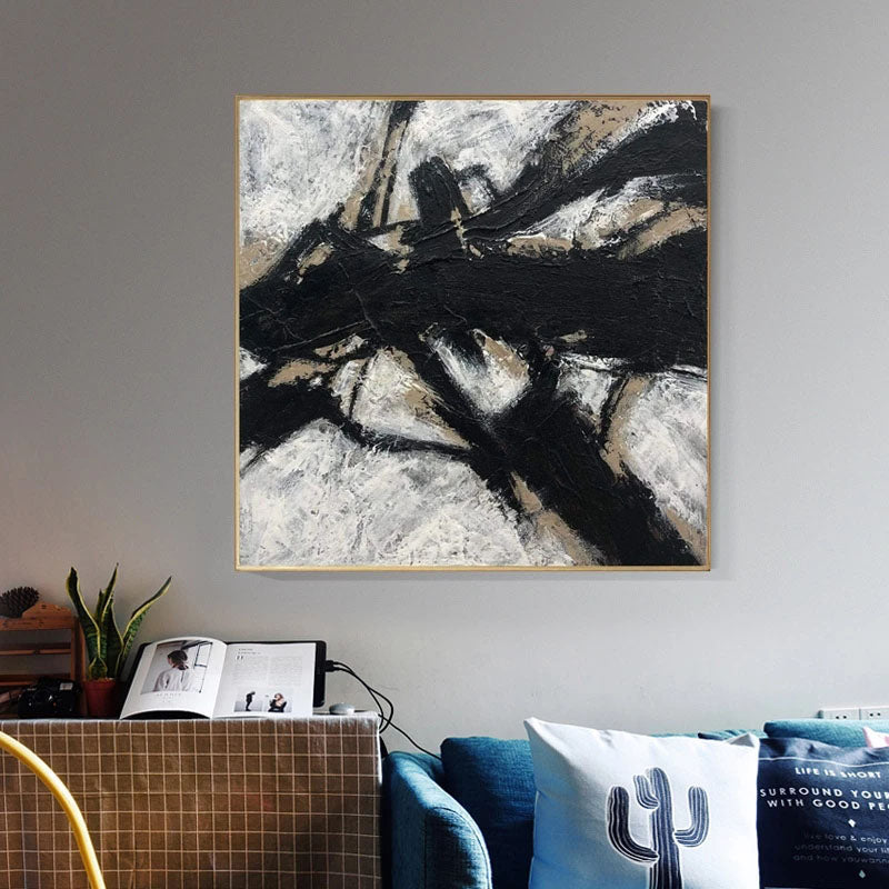 Abstract Black and White Oil Painting with Textured Finish for Modern Decor