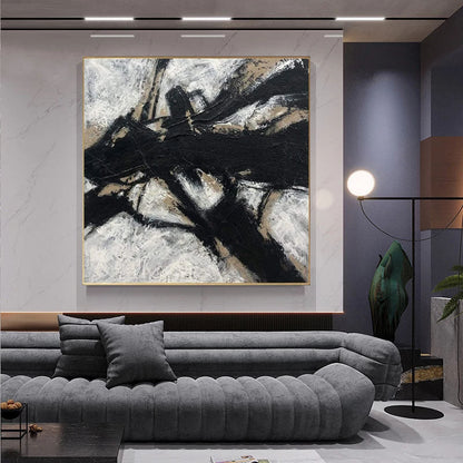 Abstract Black and White Oil Painting with Textured Finish for Modern Decor