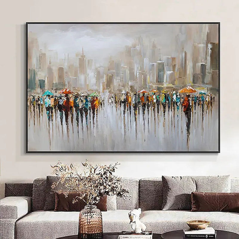 Vibrant Cityscape of Hong Kong with Umbrellas - Abstract Oil Painting