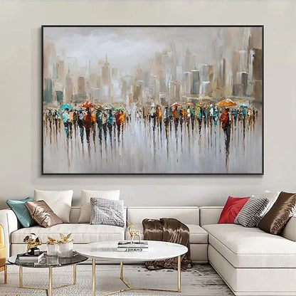 Vibrant Cityscape of Hong Kong with Umbrellas - Abstract Oil Painting