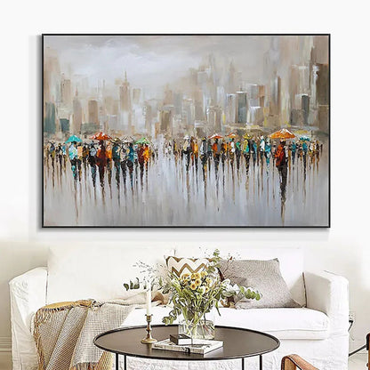 Vibrant Cityscape of Hong Kong with Umbrellas - Abstract Oil Painting