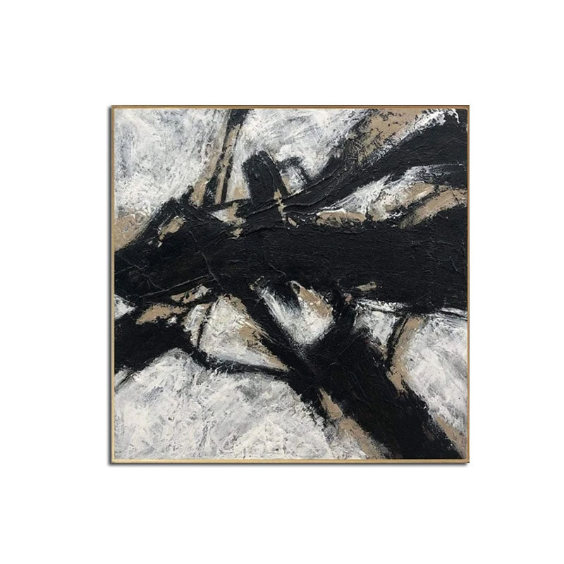 Abstract Black and White Oil Painting with Textured Finish for Modern Decor