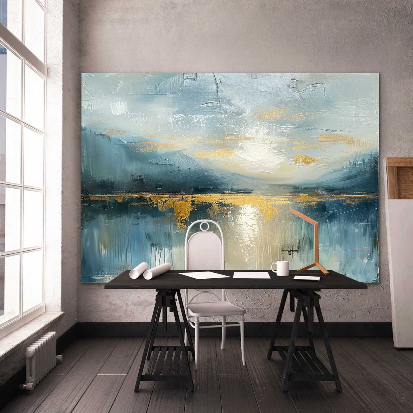 Serene Blue Landscape Oil Painting with Glimmering Gold Accents for Modern Decor