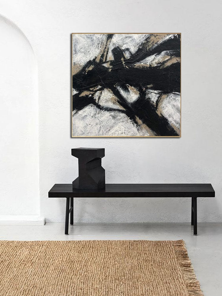 Abstract Black and White Oil Painting with Textured Finish for Modern Decor