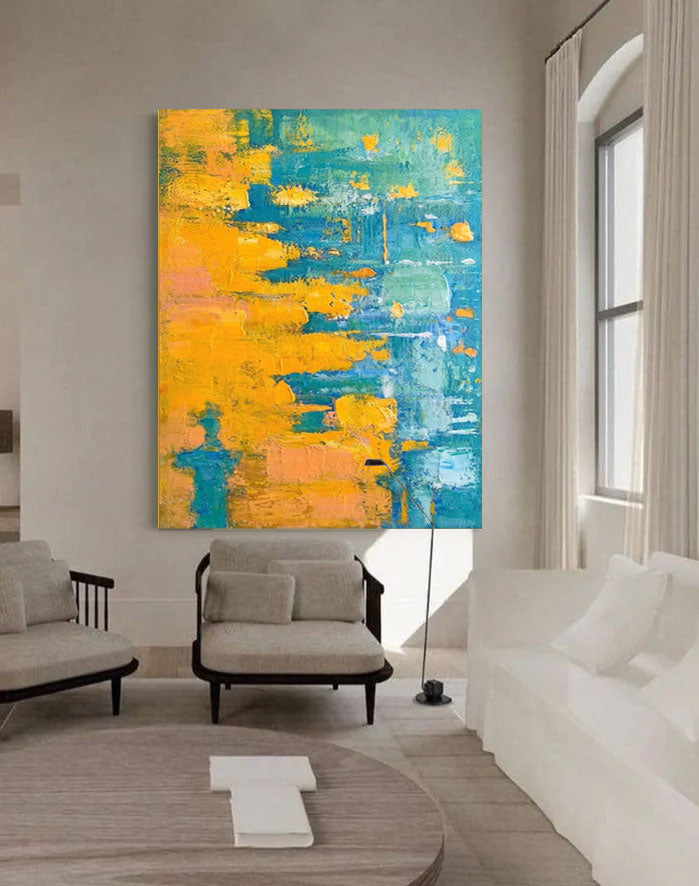 Vibrant Abstract Oil Painting in Blue and Orange for Modern Home Decor