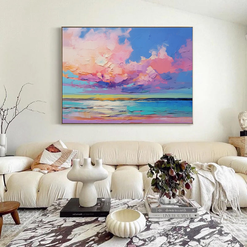 Vibrant Coastal Sunset Oil Painting | Colorful Seascape Wall Art for Home Decor