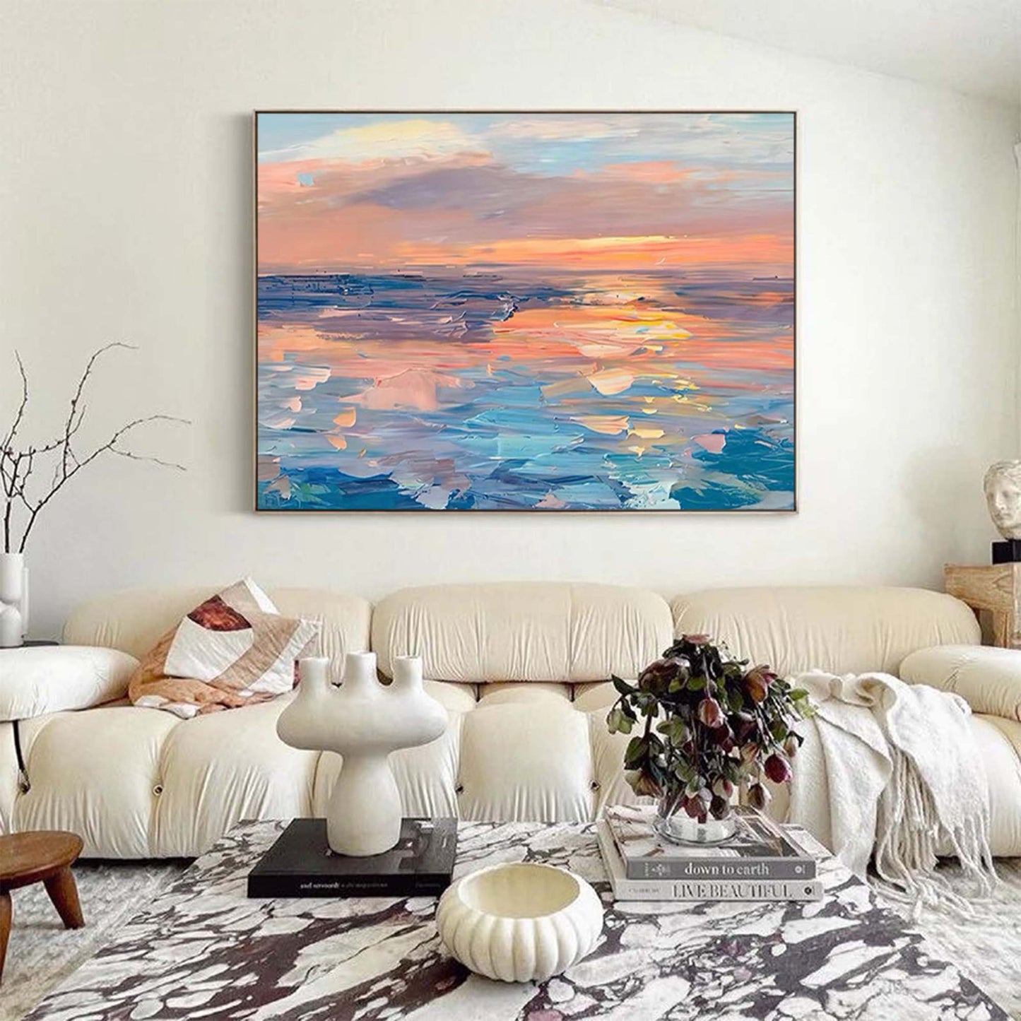 Serene Ocean Sunset Oil Painting for Coastal Home Decor
