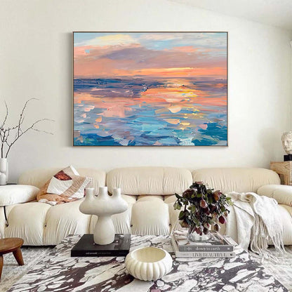 Serene Ocean Sunset Oil Painting for Coastal Home Decor