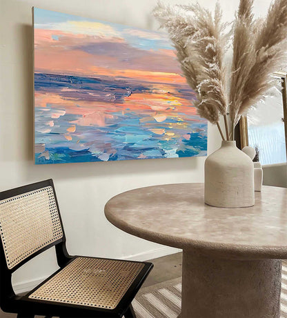 Serene Ocean Sunset Oil Painting for Coastal Home Decor