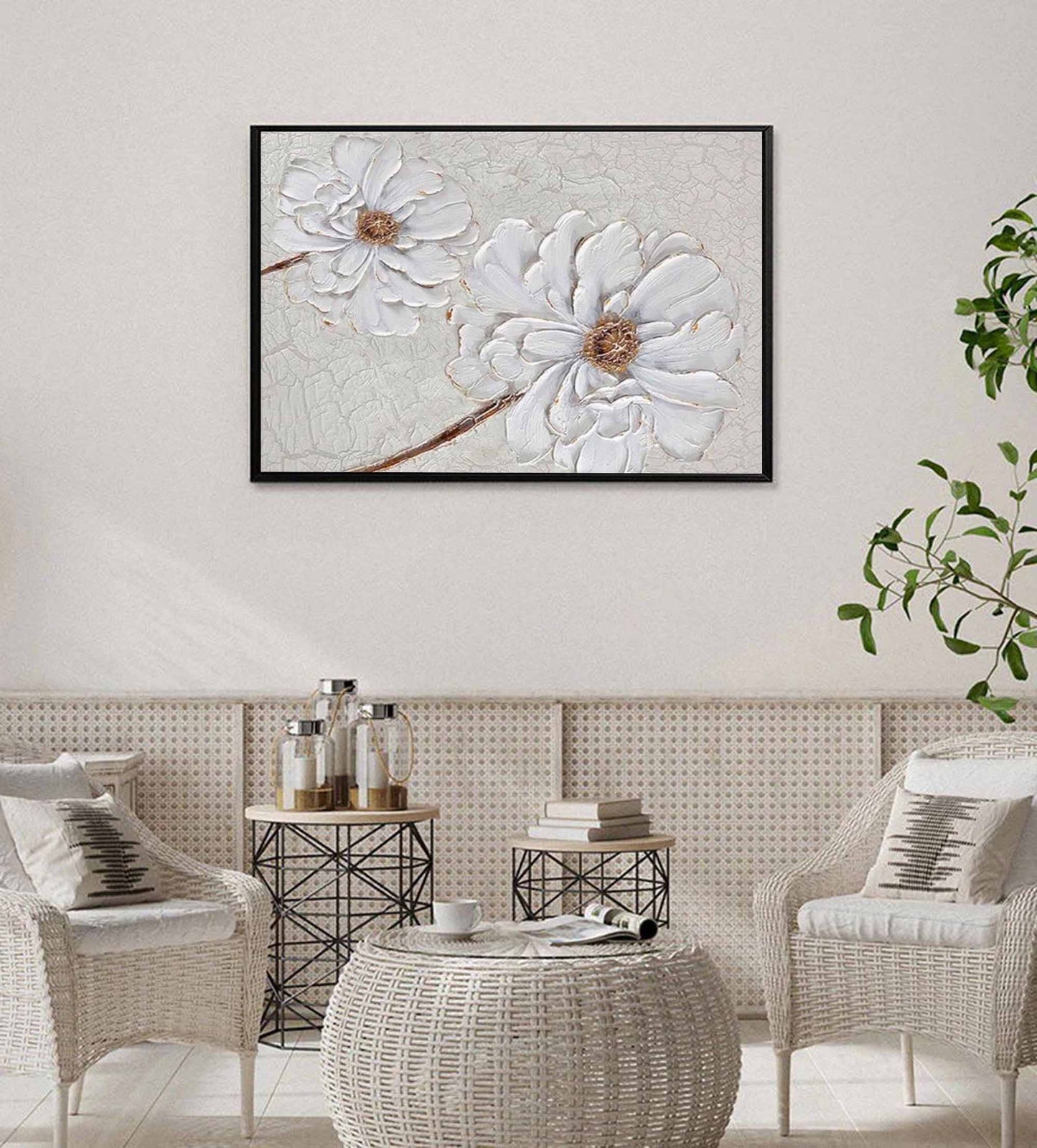 Elegant White Flower Oil Painting for Minimalist Home Decor and Wall Art