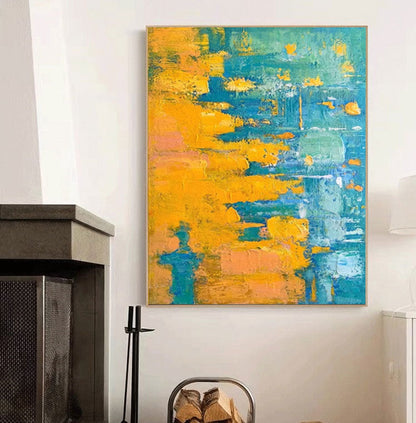 Vibrant Abstract Oil Painting in Blue and Orange for Modern Home Decor