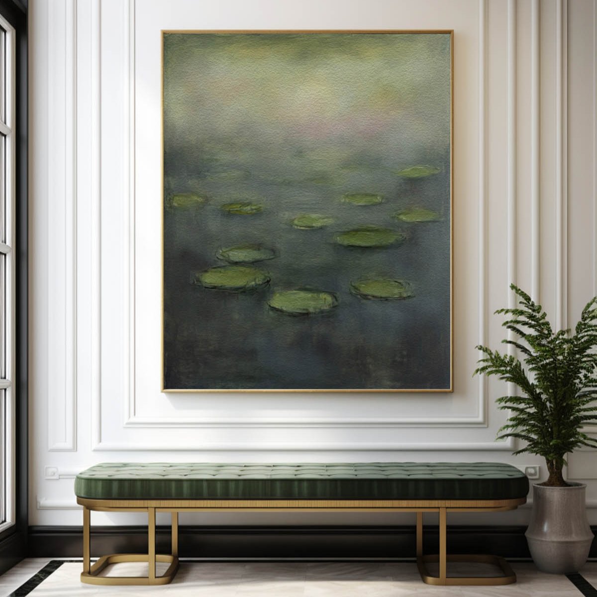 Mystical Green Lily Pads: Modern Abstract Oil Painting for Tranquil Spaces