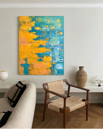 Vibrant Abstract Oil Painting in Blue and Orange for Modern Home Decor