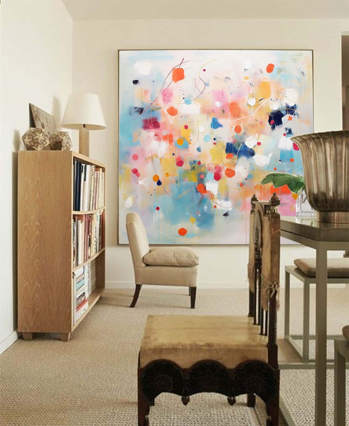 Vibrant Abstract Oil Painting with Colorful Dots and Dynamic Shapes for Modern Decor