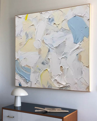 Tranquil Abstract Oil Painting in Soft Blue and Cream Shades for Modern Decor