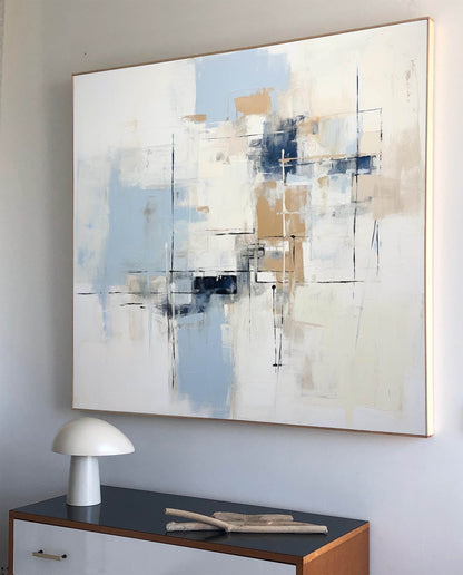 Serene Abstract Oil Painting with Soft Blue and Neutral Tones for Modern Decor