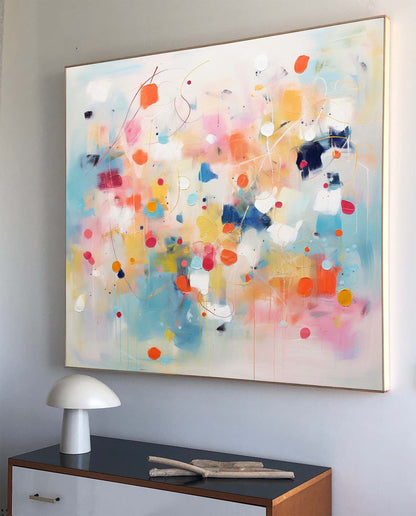 Vibrant Abstract Oil Painting with Colorful Dots and Dynamic Shapes for Modern Decor