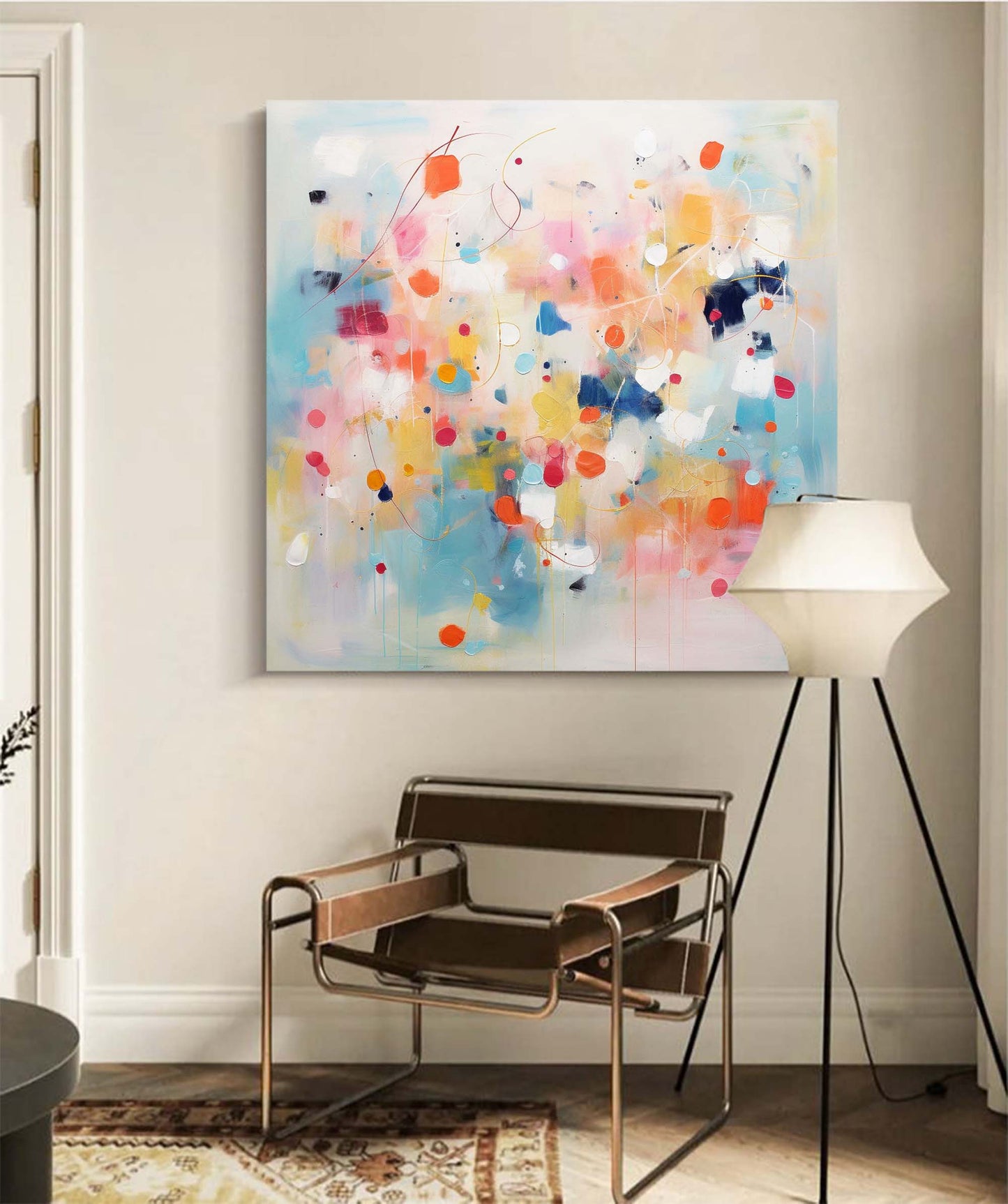 Vibrant Abstract Oil Painting with Colorful Dots and Dynamic Shapes for Modern Decor