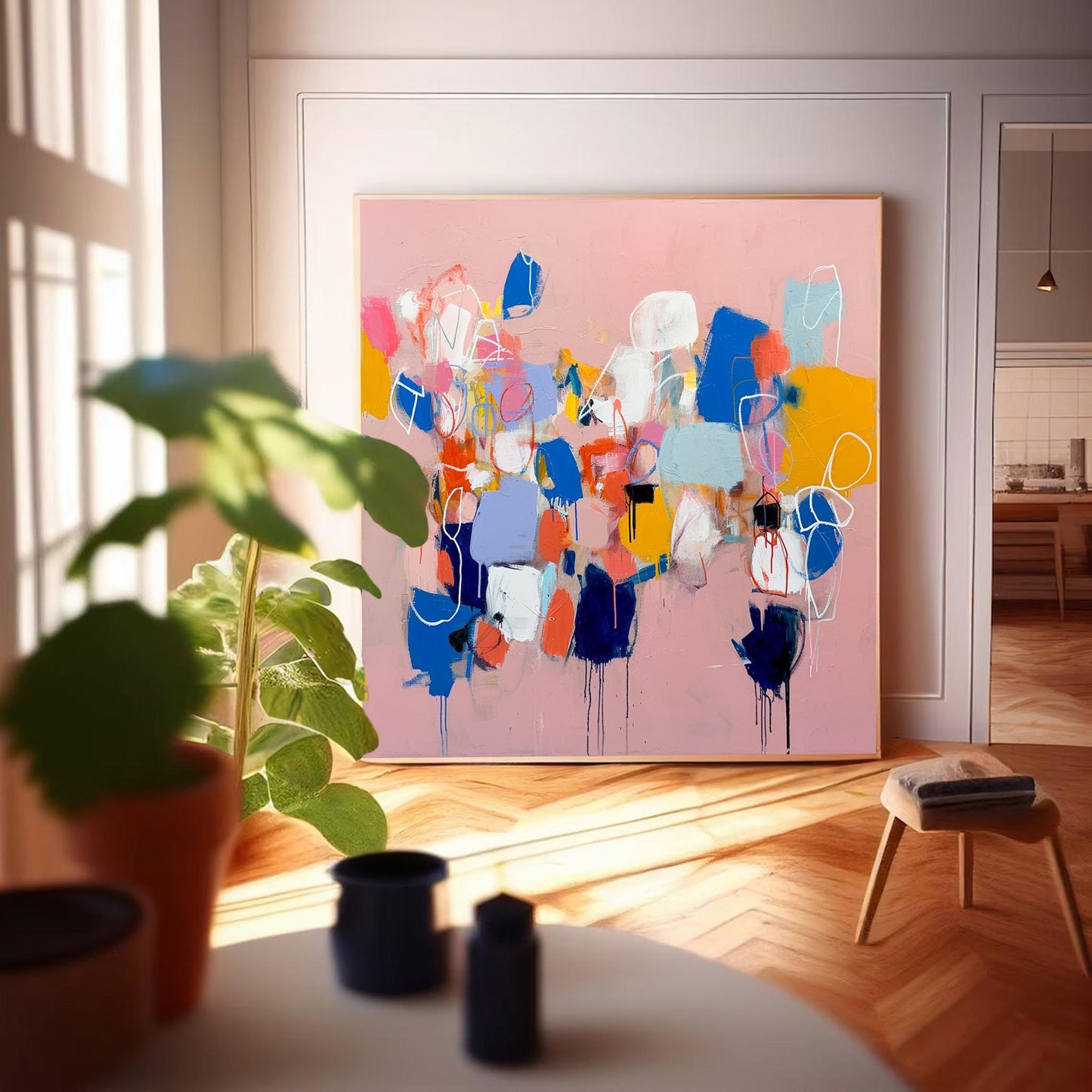 Vibrant Abstract Oil Painting with Soft Pastels and Bold Shapes for Modern Decor