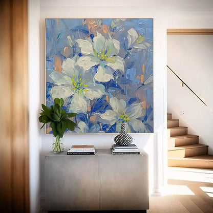 Elegant White Flower Oil Painting with Blue Background for Home Décor