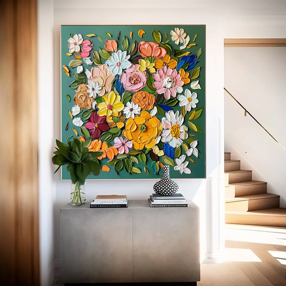 Vibrant Floral Oil Painting on Canvas – Colorful Blossom Art for Home Décor
