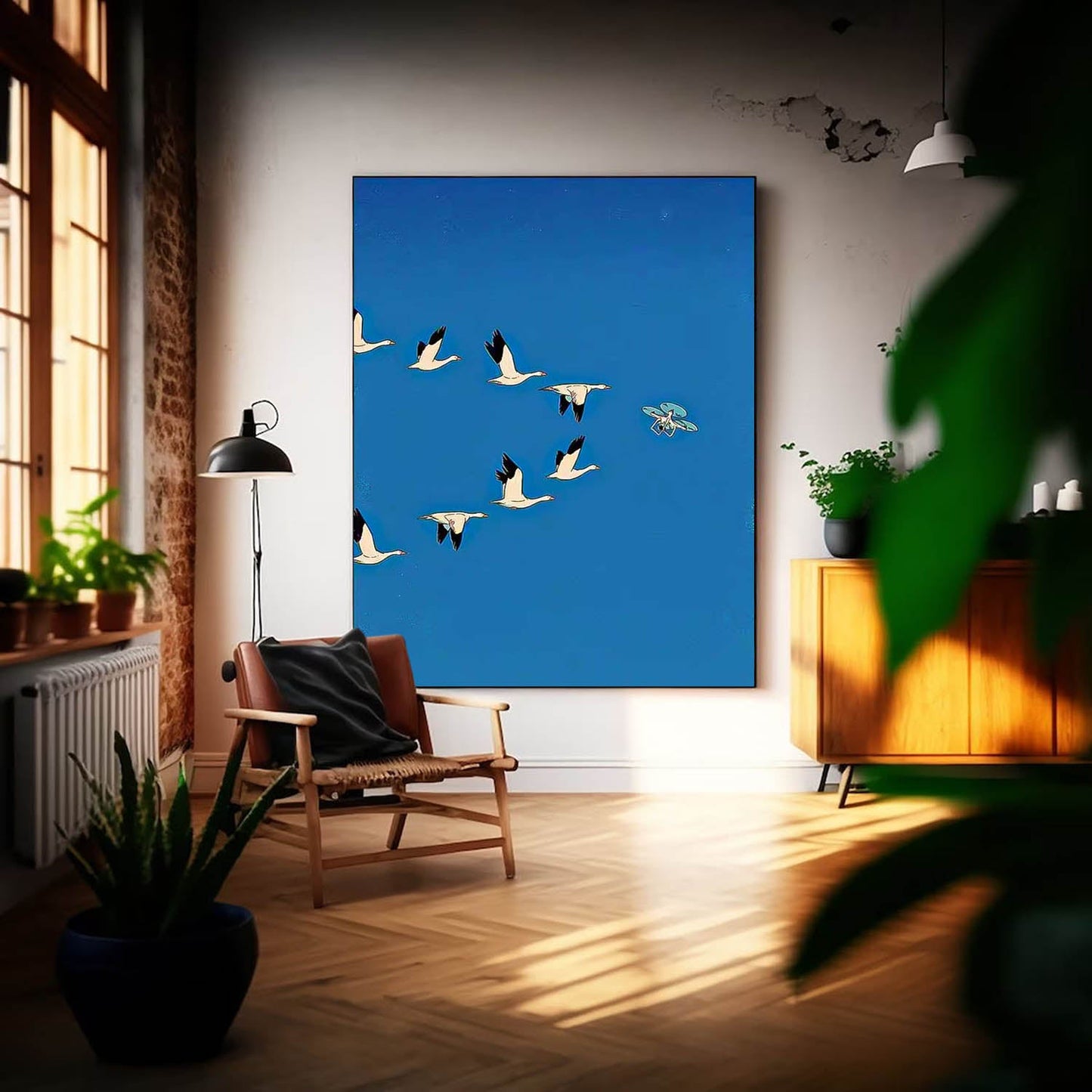 Elegant Minimalist Oil Painting of Geese in Flight against Vibrant Blue Sky