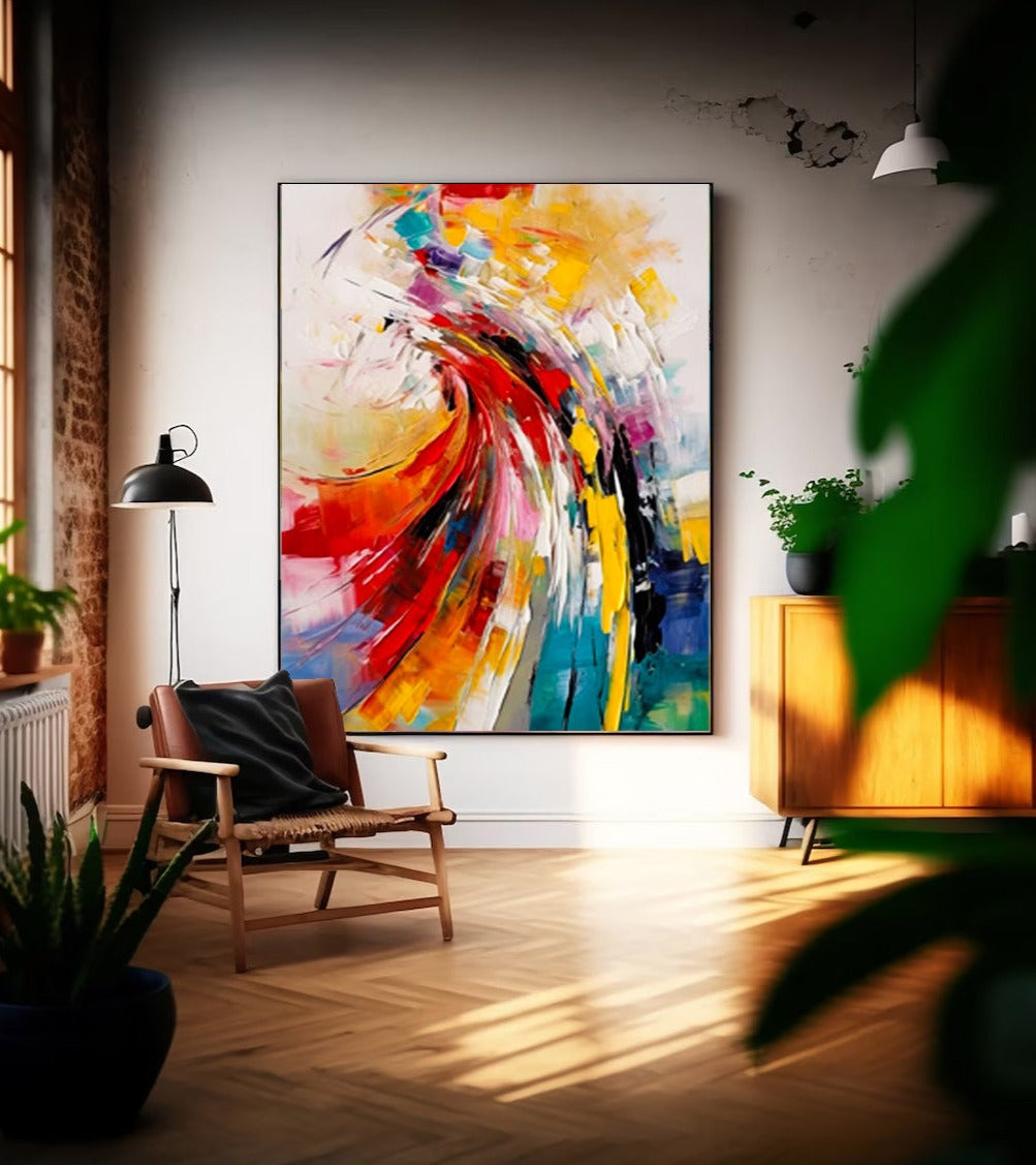 Vibrant Abstract Oil Painting with Dynamic Swirls and Bold Colors for Modern Decor