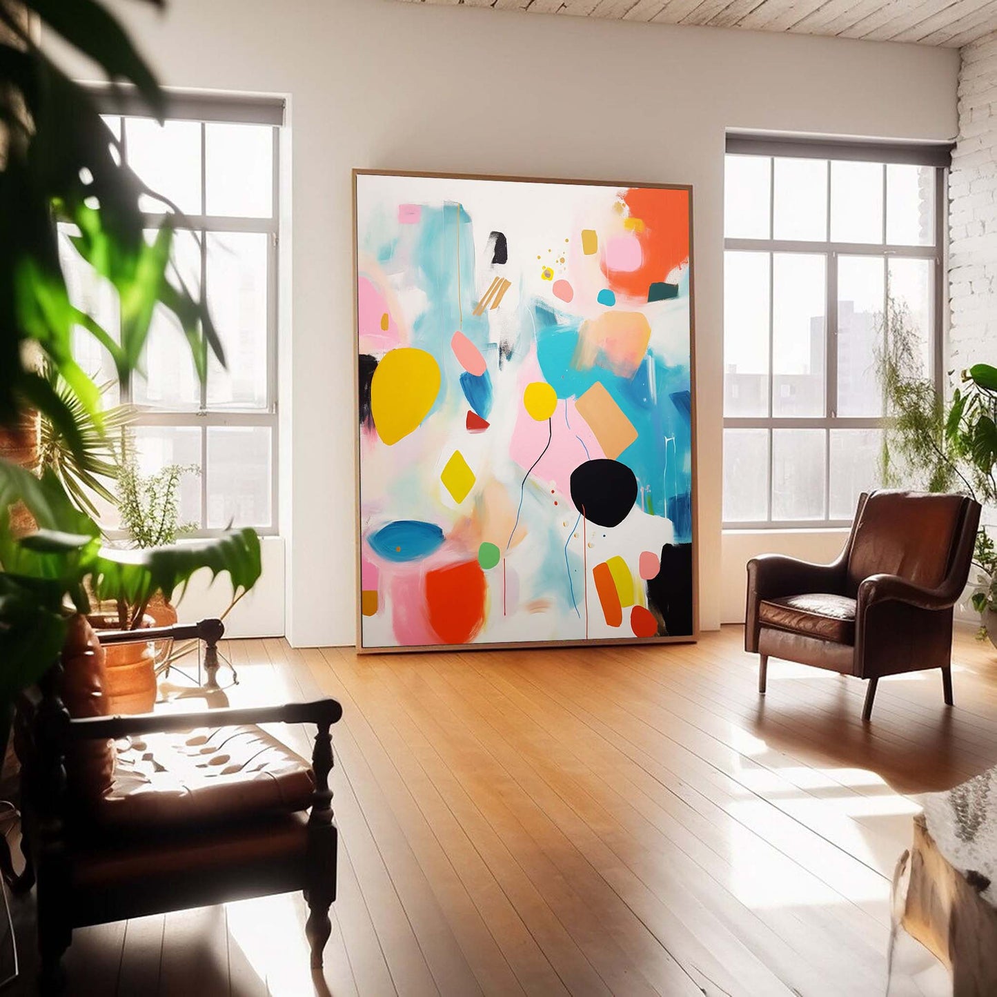 Vibrant Abstract Oil Painting with Colorful Shapes and Whimsical Patterns for Modern Decor