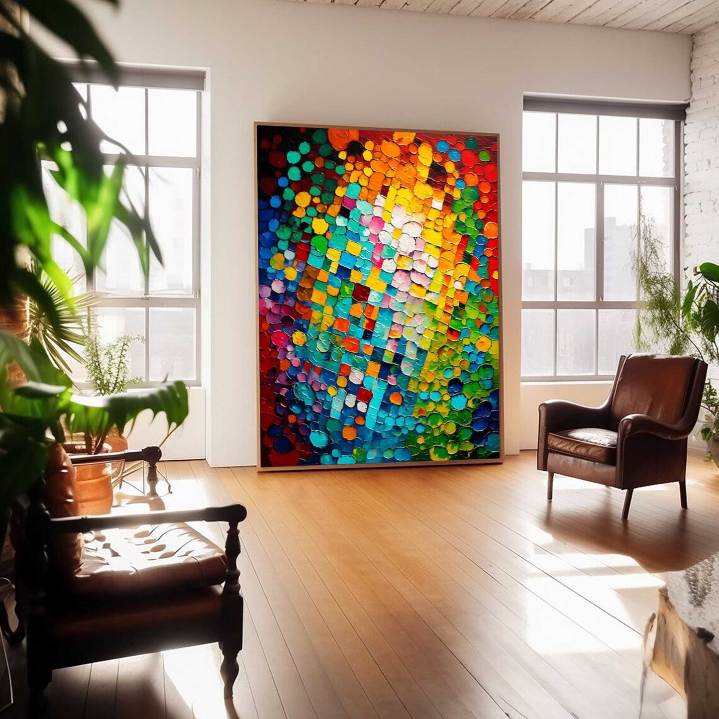 Vibrant Abstract Oil Painting with Colorful Mosaic Texture for Modern Home Decor