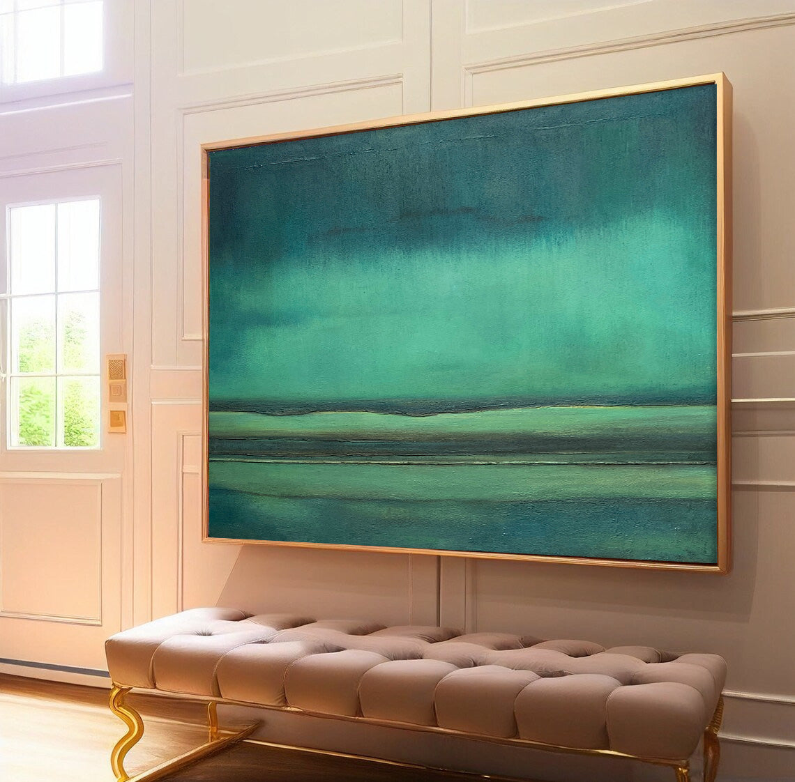 Serene Minimalist Oil Painting in Tranquil Green Hues for Modern Decor