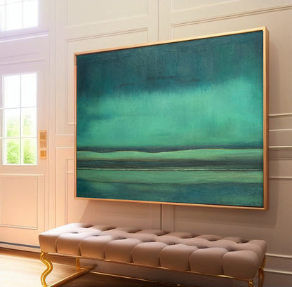 Serene Minimalist Oil Painting in Tranquil Green Hues for Modern Decor