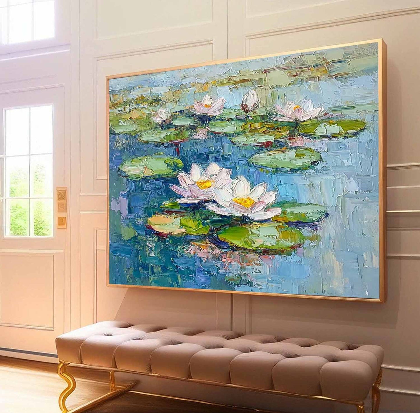 Vibrant Lotus Flowers on Tranquil Water – Handmade Oil Painting for Home Decor