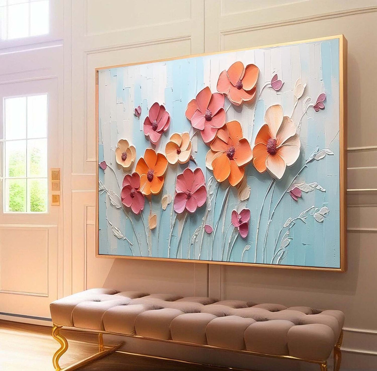 Vibrant Floral Oil Painting with Textured Blossoms on Light Blue Background