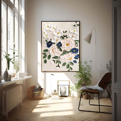 Elegant Floral Oil Painting with Vibrant Colors and Textured Blossom Design