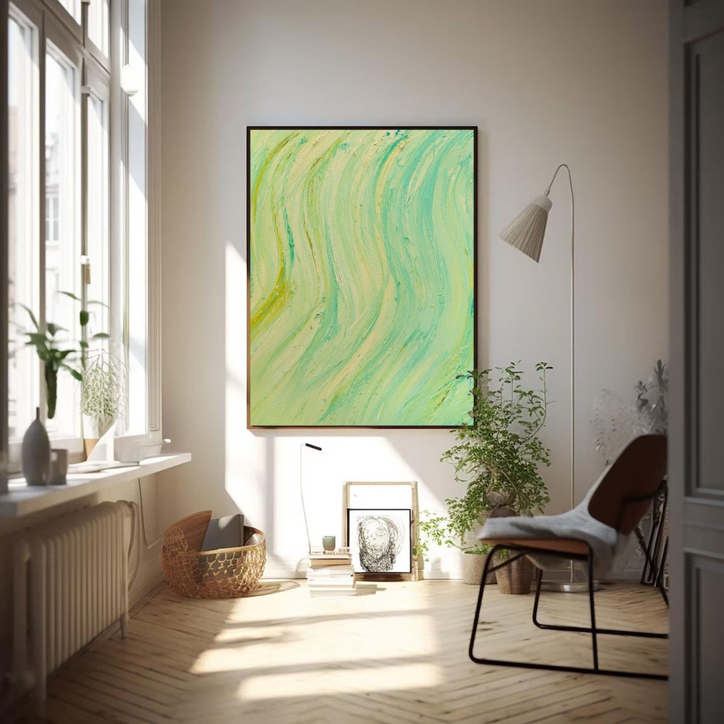 Textured Abstract Oil Painting in Soothing Green Tones for Modern Decor