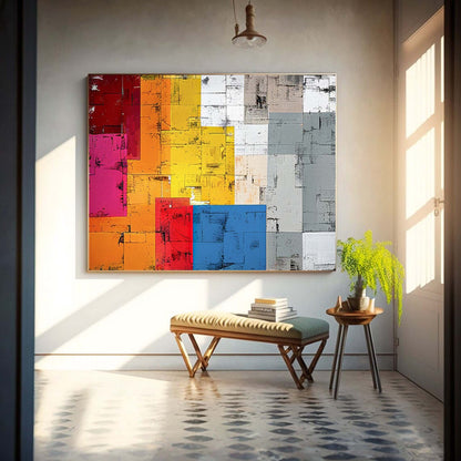 Vibrant Abstract Oil Painting with Colorful Geometric Shapes for Modern Decor