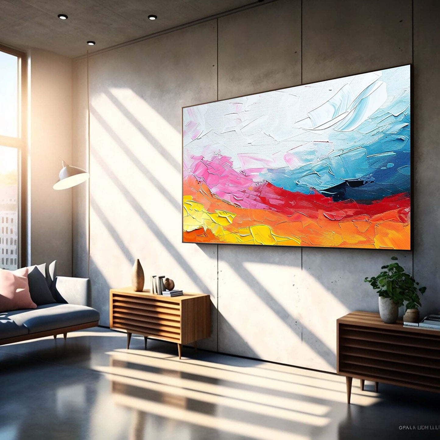 Vibrant Abstract Oil Painting with Dynamic Colorful Waves and Textured Finish